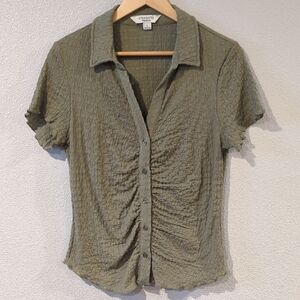 Olive Green Ruched Button-Front Women's Top